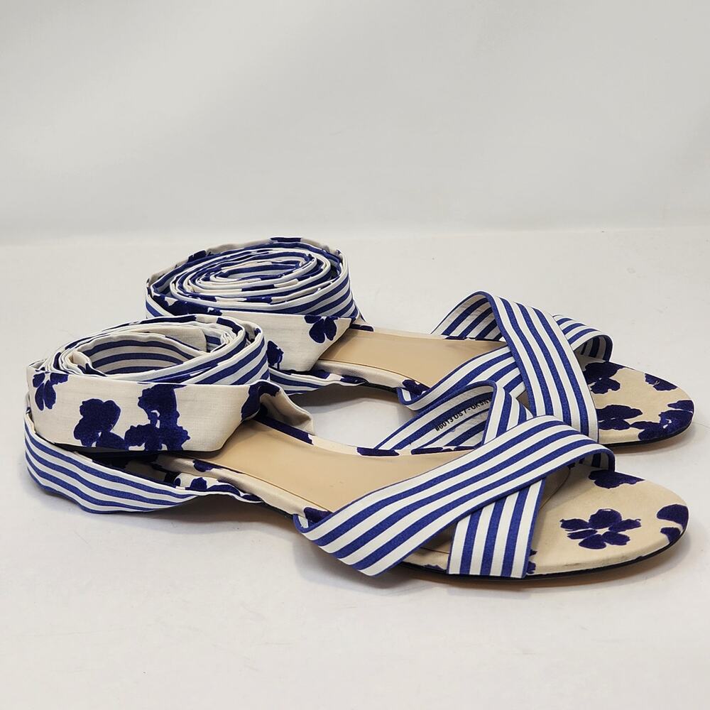 Cabi Tied Up Blue White Stripe Floral Strappy Sandals Women Size 7 Gladiator